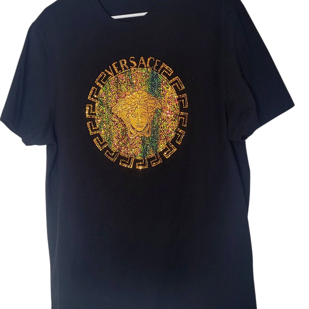 Authentic Versace Black T‑Shirt with Gold Medusa Logo and Iridescent Details